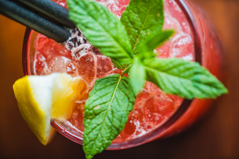 Close-up of a pink cocktail with fresh mint, lemon wedge and ice.