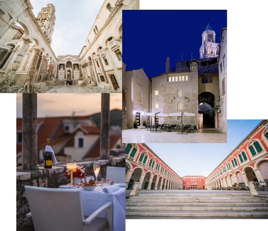 Multiple beautiful sights in Split, The hotel, Peristil, Prokurative (Republic Square) and the hotel terrace with a view