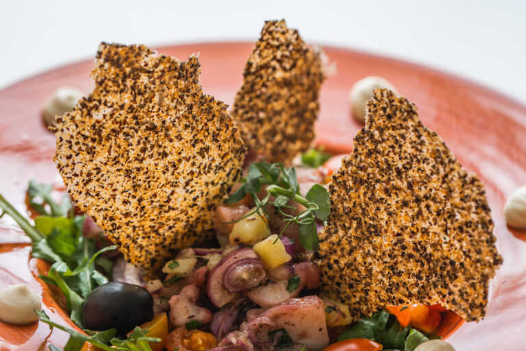 Octopus salad with plate decor